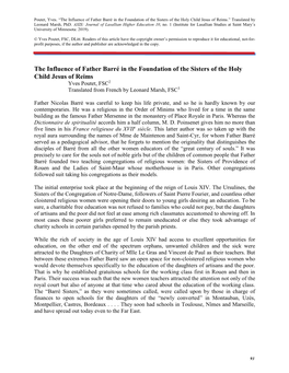 The Influence of Father Barré in the Foundation of the Sisters of the Holy Child Jesus of Reims.” Translated by Leonard Marsh, Phd