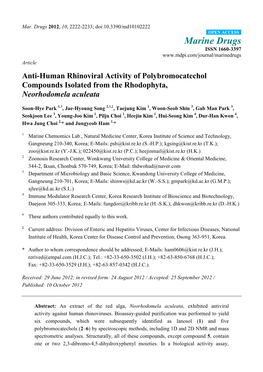 Anti-Human Rhinoviral Activity of Polybromocatechol Compounds Isolated from the Rhodophyta, Neorhodomela Aculeata