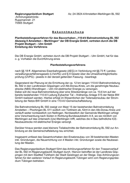 Regierungspräsidium Stuttgart Az.:24-3824.4/Amstetten-Merklingen BL 592 -Anhörungsbehörde- Ruppmannstr