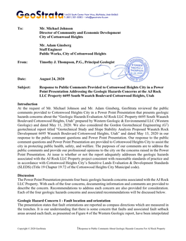 To: Mr. Michael Johnson Director of Community and Economic Development City of Cottonwood Heights Mr. Adam Ginsberg Staff Engine