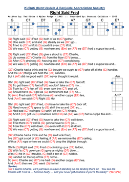 Right Said Fred Written By: Ted Dicks & Myles Rudge - 1962 :: Recorded By: Bernard Cribbins – 1962 G C7 D7 Em A7 G7 C E7