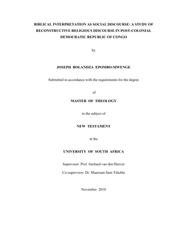 A Study of Reconstructive Religious Discourse in Post-Colonial Democratic Republic of Congo