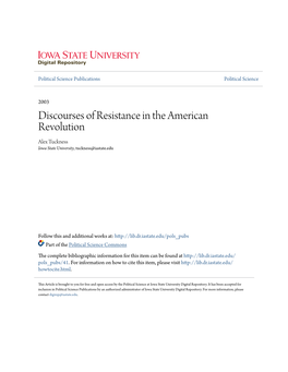 Discourses of Resistance in the American Revolution Alex Tuckness Iowa State University, Tuckness@Iastate.Edu