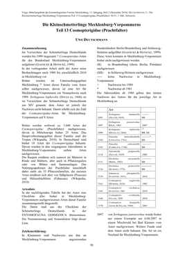 Die Kleinschmetterlinge Mecklenburg-Vorpommerns Teil 13 Cosmopterigidae (Prachtfalter): 50-51, 1 Abb., Schwerin