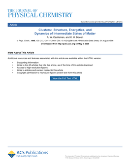 Clusters: Structure, Energetics, and Dynamics of Intermediate States of Matter A