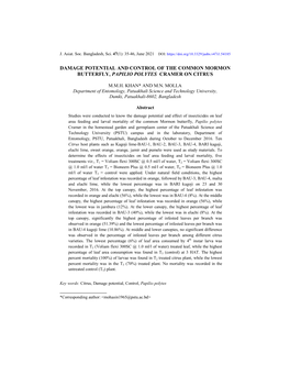 Damage Potential and Control of the Common Mormon Butterfly, Papilio Polytes Cramer on Citrus