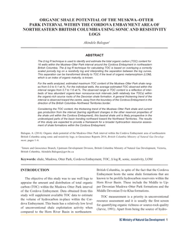 Organic Shale Potential of the Muskwa–Otter Park Interval Within the Cordova Embayment Area of Northeastern British Columbia Using Sonic and Resistivity Logs