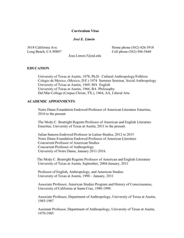 Curriculum Vitae José E. Limón 3618 California Ave. Home Phone (562