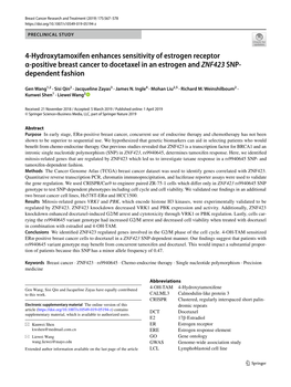 4-Hydroxytamoxifen Enhances Sensitivity of Estrogen Receptor Α-Positive Breast Cancer to Docetaxel in an Estrogen and ZNF423 SNP- Dependent Fashion