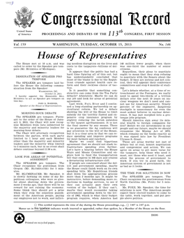 Congressional Record United States Th of America PROCEEDINGS and DEBATES of the 113 CONGRESS, FIRST SESSION