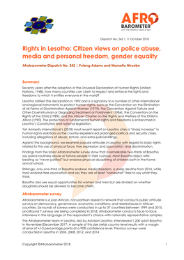 Rights in Lesotho: Citizen Views on Police Abuse, Media and Personal Freedom, Gender Equality