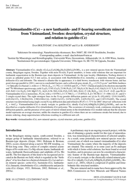 Västmanlandite-(Ce) – a New Lanthanide- and F-Bearing Sorosilicate Mineral from Västmanland, Sweden: Description, Crystal Structure, and Relation to Gatelite-(Ce)