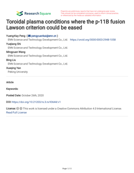 Toroidal Plasma Conditions Where the P-11B Fusion Lawson Criterion Could Be Eased