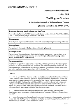 Teddington Studios in the London Borough of Richmond Upon Thames Planning Application No