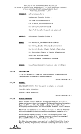 Minutes of the Regular Council Meeting of the Rural Municipality of Sherwood No. 159 Held in Council Chambers at 4400 Campbell S