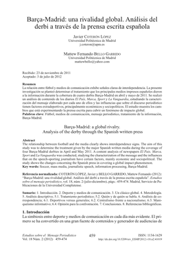 Barça-Madrid: Una Rivalidad Global. Análisis Del Derbi a Través De La Prensa Escrita Española