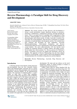 Reverse Pharmacology-A Paradigm Shift for Drug Discovery and Development