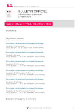 Bulletin Officiel N°39 Du 23 Octobre 2014