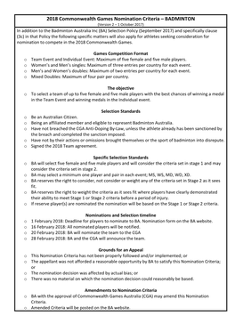 2018 Commonwealth Games Nomination Criteria – BADMINTON