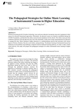 The Pedagogical Strategies for Online Music Learning of Instrumental Lessons in Higher Education Kuo-Ying Lee1,*