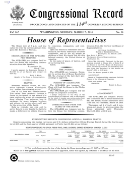 Congressional Record United States Th of America PROCEEDINGS and DEBATES of the 114 CONGRESS, SECOND SESSION