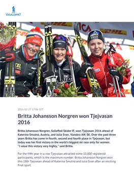 Britta Johansson Norgren Won Tjejvasan 2016