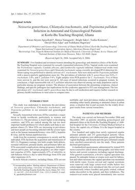 Neisseria Gonorrhoea, Chlamydia Trachomatis, and Treponema Pallidum Infection in Antenatal and Gynecological Patients at Korle-B