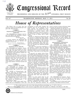 Congressional Record United States Th of America PROCEEDINGS and DEBATES of the 117 CONGRESS, FIRST SESSION