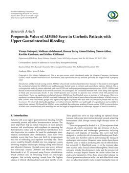 Prognostic Value of AIMS65 Score in Cirrhotic Patients with Upper Gastrointestinal Bleeding