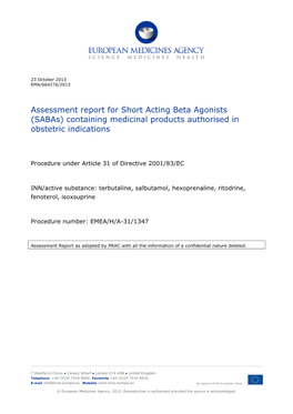 Assessment Report for Short Acting Beta Agonists (Sabas) Containing Medicinal Products Authorised in Obstetric Indications