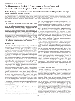 The Phosphoprotein Stard10 Is Overexpressed in Breast Cancer and Cooperates with Erbb Receptors in Cellular Transformation