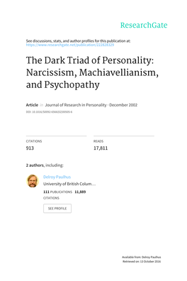 The Dark Triad of Personality: Narcissism, Machiavellianism, and Psychopathy