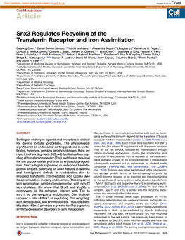 Snx3 Regulates Recycling of the Transferrin Receptor and Iron Assimilation