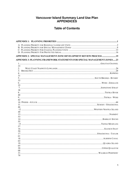 Vancouver Island Summary Land Use Plan APPENDICES Table of Contents