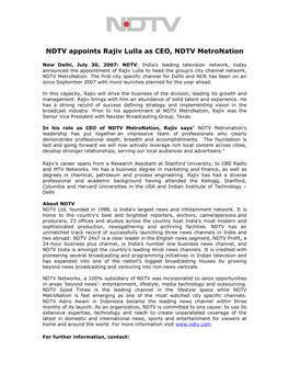 RAJIV LULLA Is Appointed As CEO, NDTV Metronation