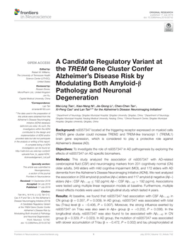 A Candidate Regulatory Variant at the TREM Gene Cluster Confer Alzheimer's Disease Risk by Modulating Both Amyloid-Β Pathol