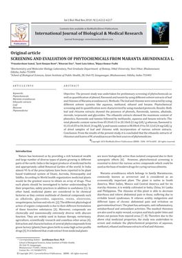 SCREENING and EVALUATION of PHYTOCHEMICALS from MARANTA ARUNDINACEA L. Original Article International Journal of Biological &