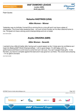 IAAF DIAMOND LEAGUE Natasha HASTINGS (USA) Anyika ONUORA