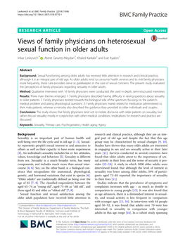 Views of Family Physicians on Heterosexual Sexual Function in Older Adults Inbar Levkovich1* , Ateret Gewirtz-Meydan2, Khaled Karkabi3 and Liat Ayalon2