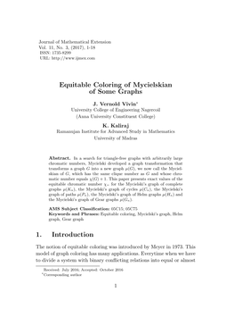 Equitable Coloring of Mycielskian of Some Graphs Equitable Coloring of Mycielskian Ofj