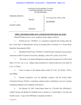 UNITED STATES DISTRICT COURT EASTERN DISTRICT of TEXAS TYLER DIVISION WORLDS.COM INC., Plaintiff, V. NCSOFT CORP., Defendant