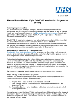 Hampshire and Isle of Wight COVID-19 Vaccination Programme Briefing