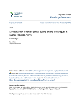 Medicalization of Female Genital Cutting Among the Abagusii in Nyanza Province, Kenya