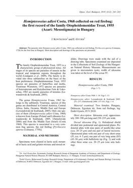 Hemipteroseius Adleri Costa, 1968 Collected on Red Firebug: the First Record of the Family Otopheidomenidae Treat, 1955 (Acari: Mesostigmata) in Hungary