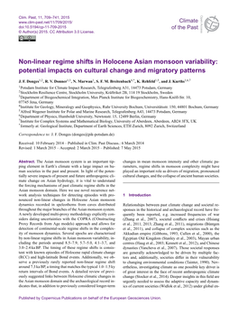 Non-Linear Regime Shifts in Holocene Asian Monsoon Variability: Potential Impacts on Cultural Change and Migratory Patterns