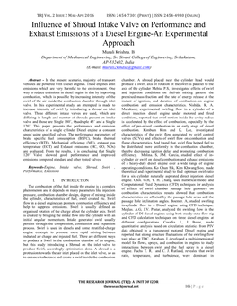 Influence of Shroud Intake Valve on Performance and Exhaust Emissions of a Diesel Engine-An Experimental Approach Murali Krishna