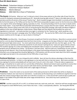 Post 2PL Match Week 1 the Match: Tottenham Hotspur Vs Everton FC