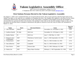 First Nations Persons Elected to the Yukon Legislative Assembly