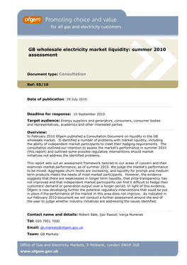 GB Wholesale Electricity Market Liquidity: Summer 2010 Assessment