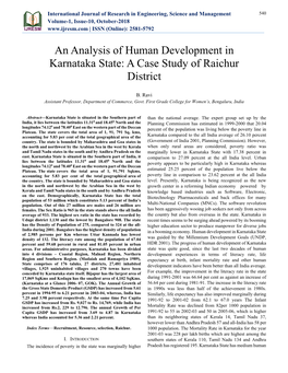 An Analysis of Human Development in Karnataka State: a Case Study of Raichur District